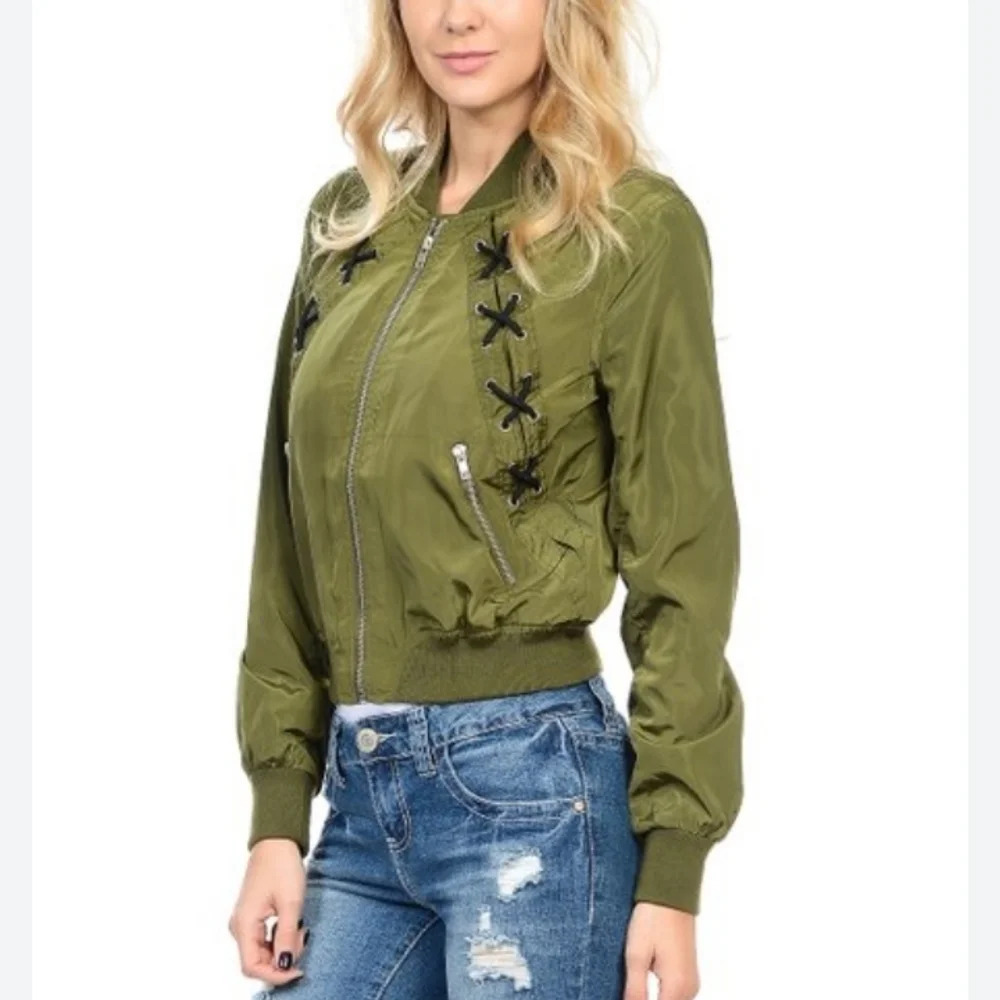 Jiffunny & Do Women's Military Green Bomber Style Zip Up Jacket Size Large